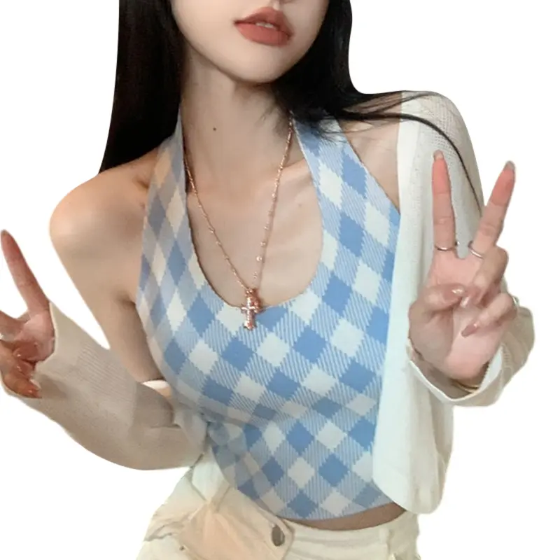 Women's Summer Fitted Tank Tops Sleeveless Halter Neck Crop Tops Plaid Streetwear