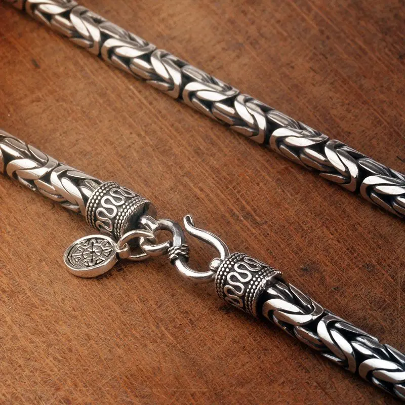 Vòng cổ Marcasite nguyên chất 99 Màu bạc dành cho nam giới, Màu bạc Sterling, hoa văn an toàn, cá tính Retro, hợp thời trang, dày và dài, dành cho bạn trai