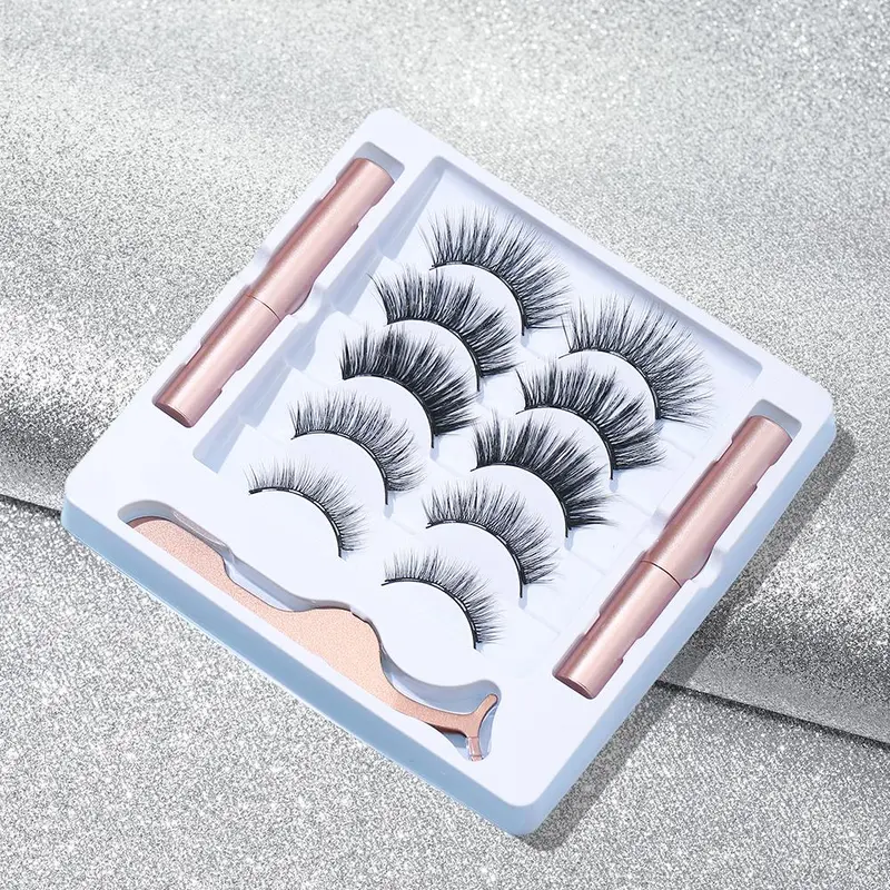 Eyelashes with Magnetic Eyeliner Kit, Professional Eye Makeup Products Including 5 Pairs Faux Cluster Eyelashes & 2 Magnetic Eyeliner & 1 Eyelash Tweezers, DIY 4