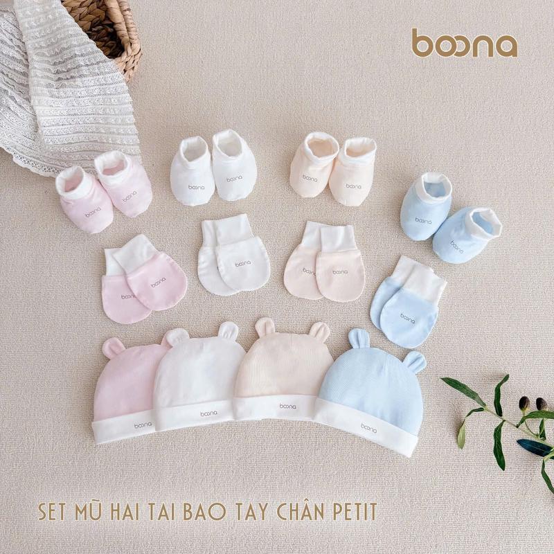 Set Mũ Tai Gấu Và Bao Tay Chân Phối Màu Hãng Boona Cho Bé Sơ Sinh Vải Petit Mềm Mại Nhiều Màu Cao Cấp