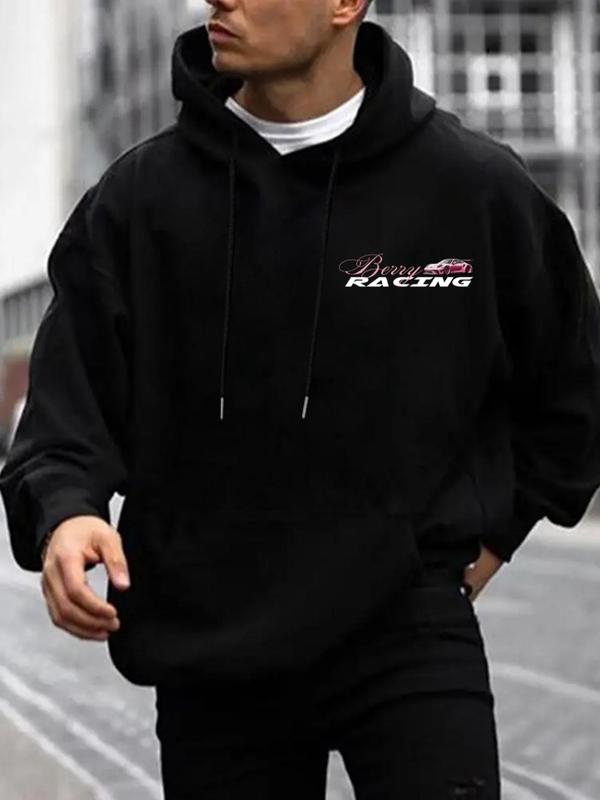Men's Car & Letter Print Drop Shoulder Hoodie, Regular Fit Casual Drawstring Pocket Hooded Sweatshirt for Daily Holiday Outdoor Wear, Men Clothes for Spring & Fall 1