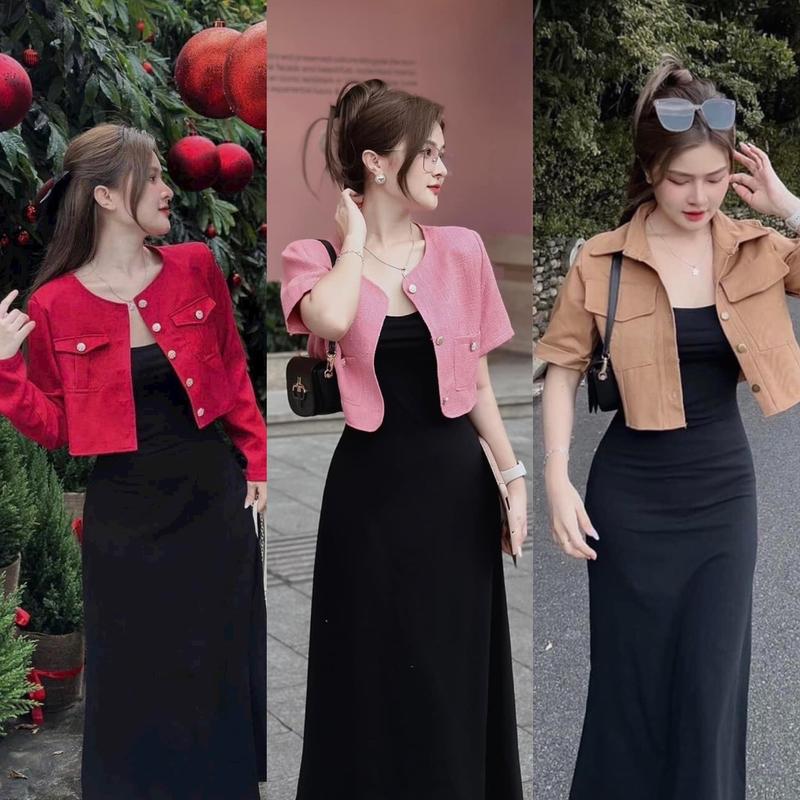 SET ĐẦM BODY 2 dây kèm áo khoác dạ/kaki kèm phụ kiện Kem Nữ Women Dress