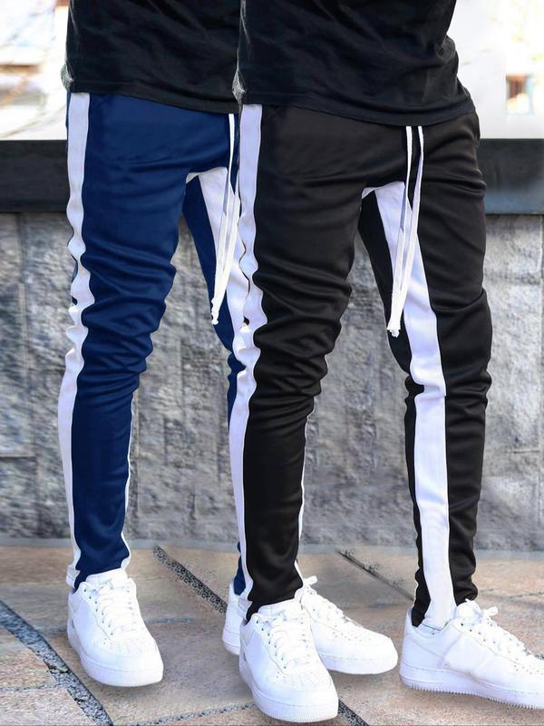 Men's Regular Fit Colorblock Patchwork Drawstring Waist Sweatpants, Casual Pocket Side Stripe Skinny Pants For Daily Wear, Knitting Bottoms For All Seasons 4
