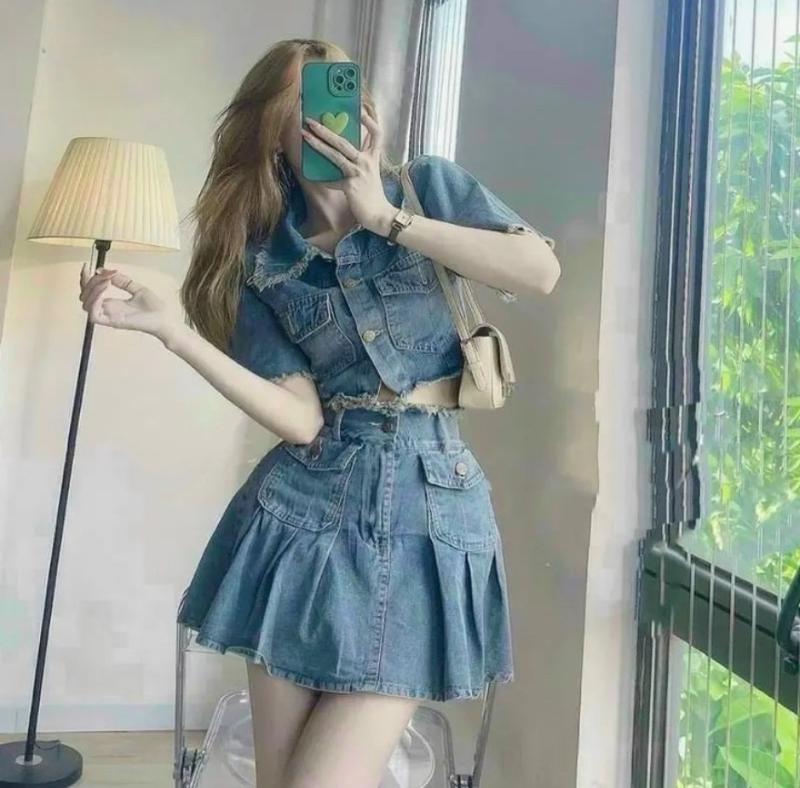 Set Chân váy kèm áo tay ngắn tua rua - Chất Jeans dày mịn - Hàng bao đẹp Nữ Top Denim 3