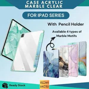 (ISEIKI) Case Acrylic Motif Marble HD Printing Kompatibel Untuk i Pad Pro 11 inch 2020 2021 2022 Gen 10th 10.9" Air 4/5 Gen 7/8/9 10.2 Mini 6 8.3" Cover Flip With Pen Holder Smart Autolock Casing