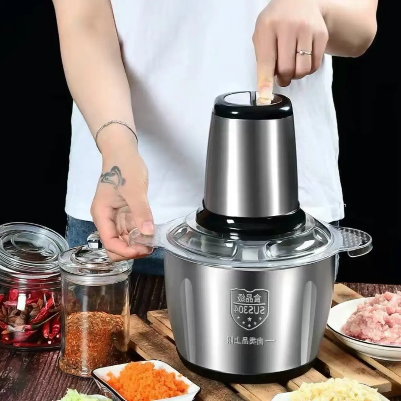 Máy xay thịt, xay thực phẩm đa năng cối inox 2 lít dao 4 lưỡi cao cấp