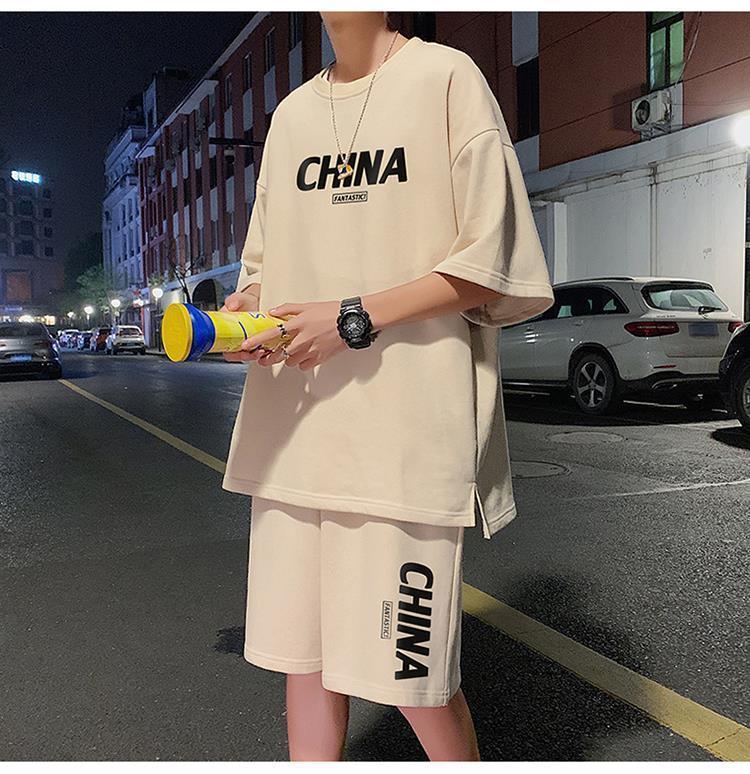 Product Introduction of Summer New Trendy Hong Kong Style Simple Letter Printing Leisure Sports Suit Green Student Short Sleeve Shorts Two Pieces Suit Menswear Overalls Lingerie Formal 17
