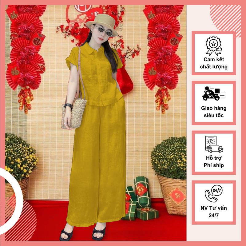 Set đồ nữ Sơ Mi Thu, Set đồ mặc tết chất liệu đũi tơ xước với logo CL thêu tinh tế, đồ bộ nữ quần ống suông lưng thun phía sau, chất liệu đũi tơ xước cao cấp