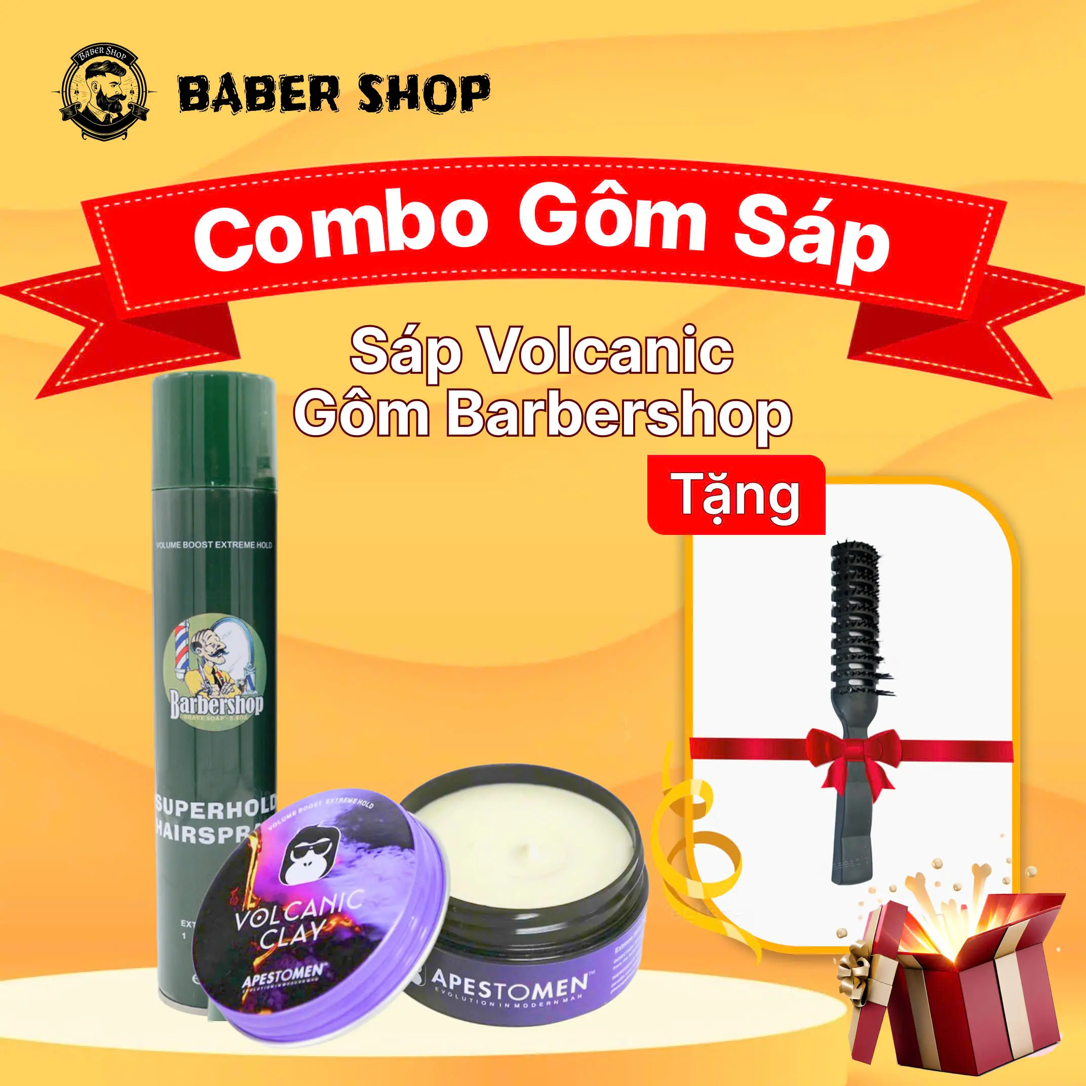 Combo gôm Sáp vuốt tóc Volcanic Clay 2024 nắp nhôm - Hỗ trợ chăm sóc tóc - Giữ nếp khoảng 8 đến 12h, kiềm dầu và mồ hôi dành cho tóc dày tặng kèm lược