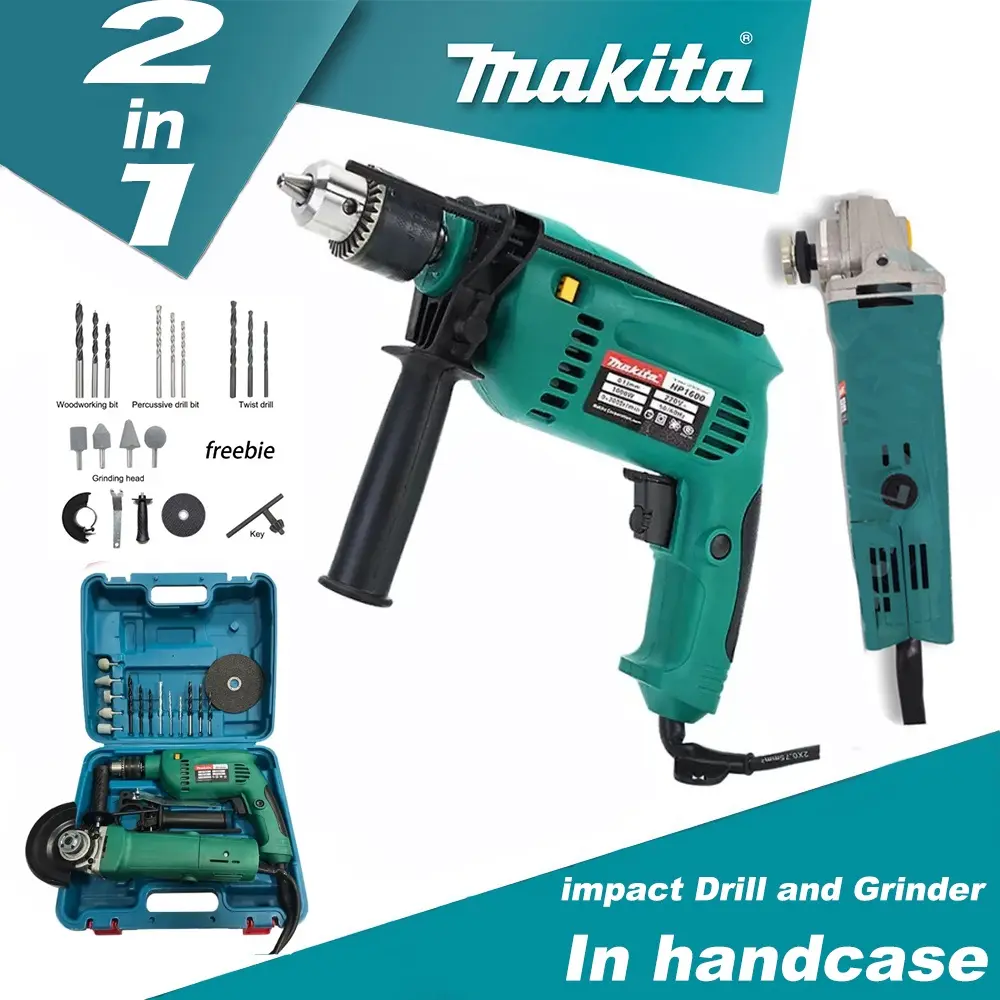 Makita 2Pcs Grinder With Impact Drill Set Hammer Angle Grinder Protable Tool Barena Set Hardcase