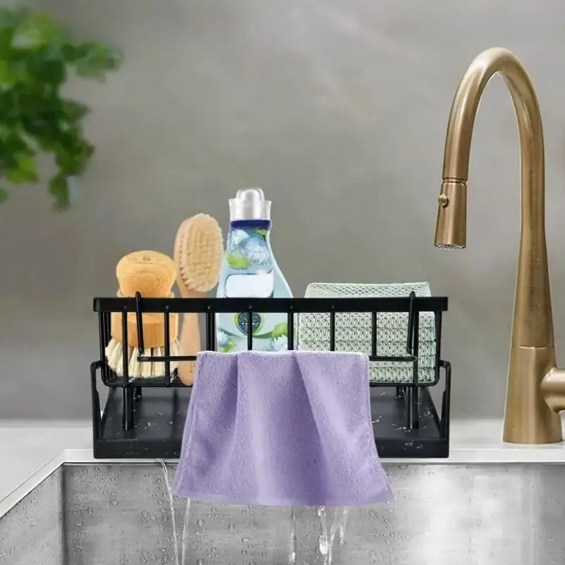 Sink Sponge Drain Rack with Dishcloth Holder, Sink Storage Shelf for Sponge Soap Dish Brush Rag Organizer, Kitchen Countertop Storage Rack, Home Organization and Storage Supplies 0