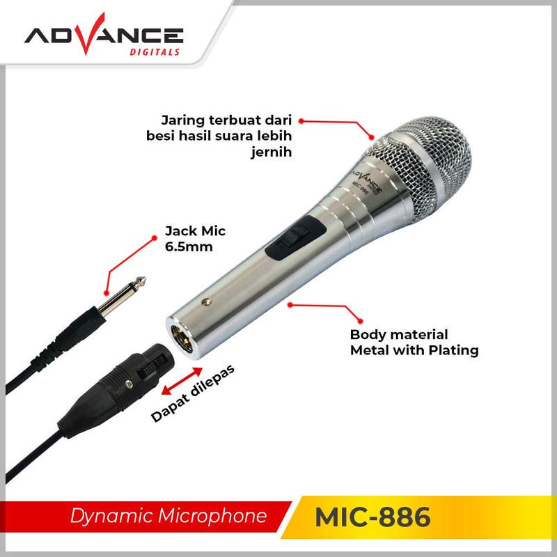 【Garansi 1 tahun】ADVANCE Mic Kabel Jack Besar 6.5mm Karaoke Panjang MIC-886 Profesional Dynamic Microphone 1