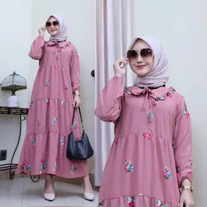 Gamis Pompom Crincle Bordil bunga" Syarifa" Bunga Dress Crinkle Bordir Airflow Dewasa Wanita Muslim Shakila Pesta Mewah Lengan  Karet