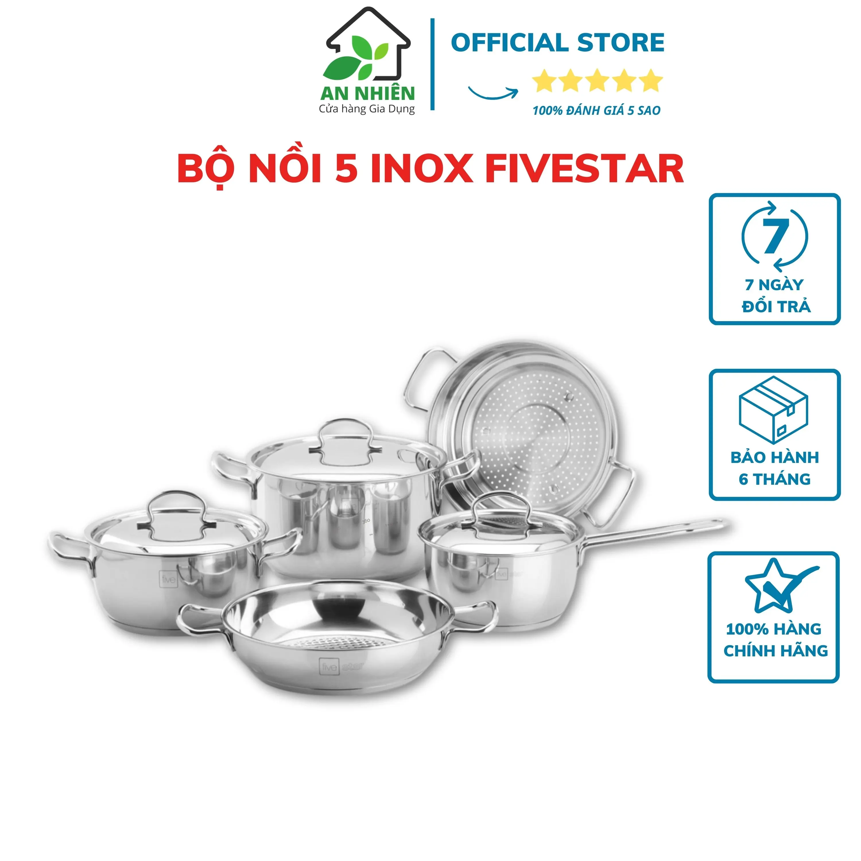 Bộ nồi 5 inox Fivestar 3 đáy nắp kính 5 món, dùng được trên mọi loại bếp|GiadụngAnNhiên