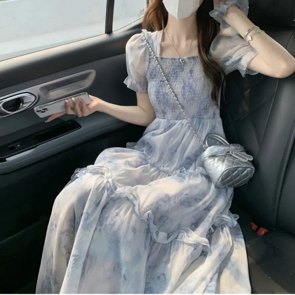 1211 Women's Sky Blue Casual Korean Long Floral Puffed Sleeves Dress Plus  Size XL Fairy Princess Puffy Short Dress - Womenswear - TikTok Shop  Philippines