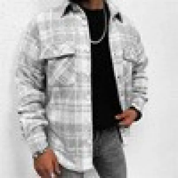 Cross-Border European and American New 2025 Spring and Autumn Long Sleeve Blue and White Plaid Long Sleeve Shirt Casual Stand Collar Pocket Shirt for Men Menswear Top Checked Wetsuit 3
