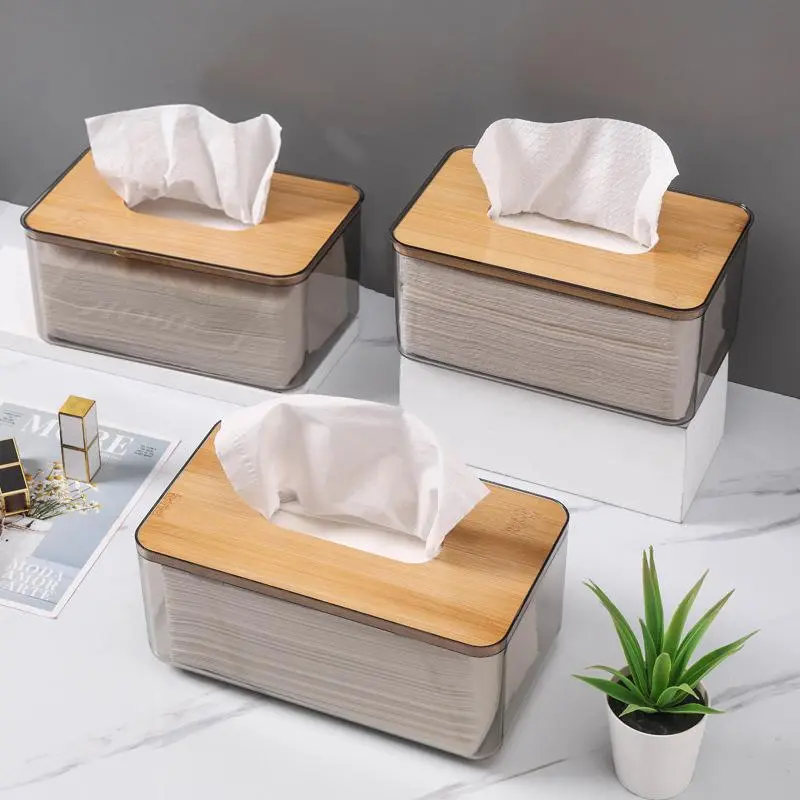 Clear Tissue Box with Wooden Lid, 1 Count Modern Simple Tissue Storage Box, Dustproof Tissue Holder, Home Organizer for Living Room Bedroom Office