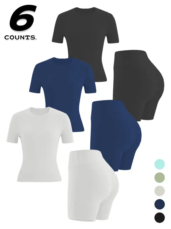 Two-piece Set Women's Solid Color Tee & High Waist Skinny Shorts Tracksuit Set, Sporty Casual Breathable Set for Yoga Gym Workout Running, Ladies Summer Sportswear, Activewear, Workout Sets Women 1