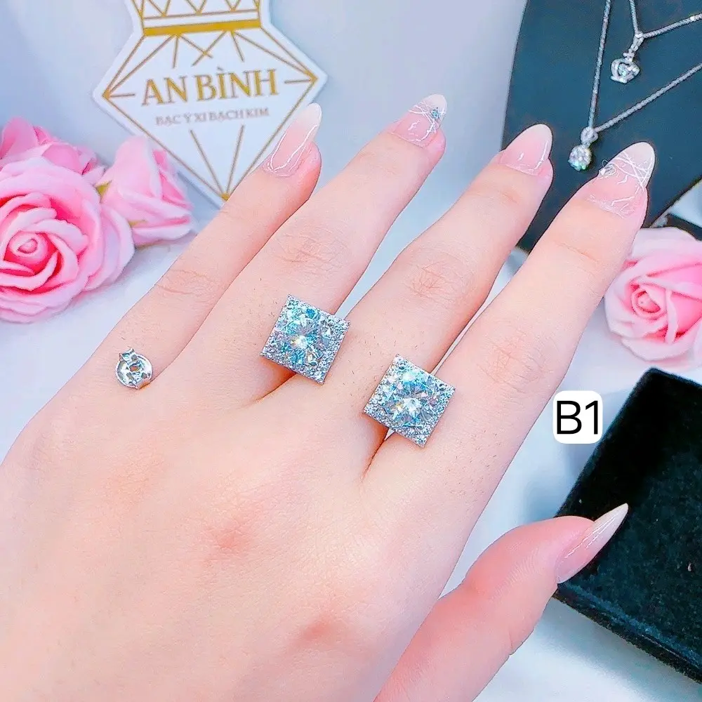 Bông xoàn khoá đẩy vuông-bạc S925 XI KIM CAO CẤP