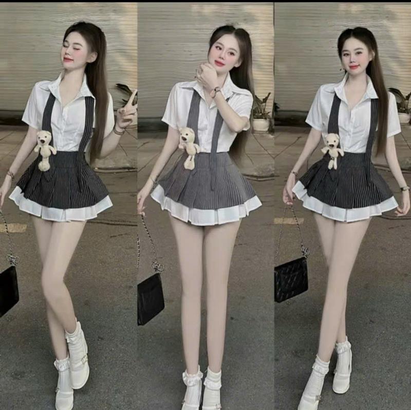 ( Kèm Gấu ) Set Váy Kẻ Xòe Xếp Ly Sơ Mi Kèm Quần Trong Sang Chảnh Cá Tính Dress Nữ Top Women MC1110 Kem Áo