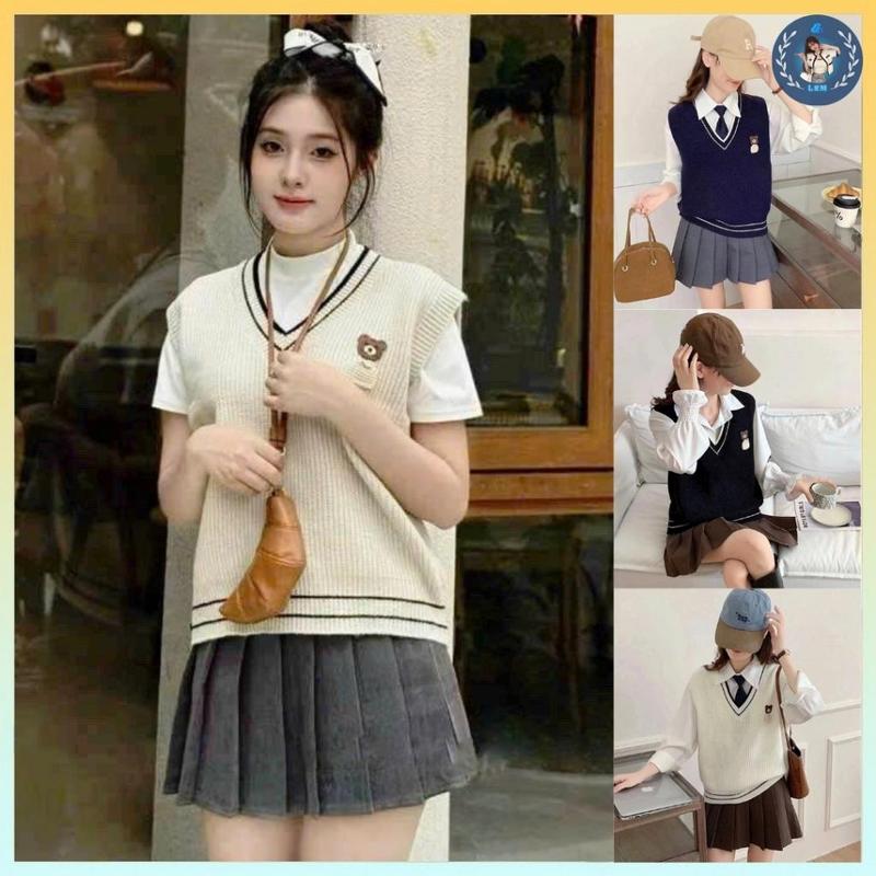   A393  Áo len Montoghi dệt kim GILE phối GẤU CON kẻ viền cổ V dễ phối đồ hàng QC xinh xắn - L2M  Top Women Fashion   【 hoa hồng  【 Hỏa tốc   
