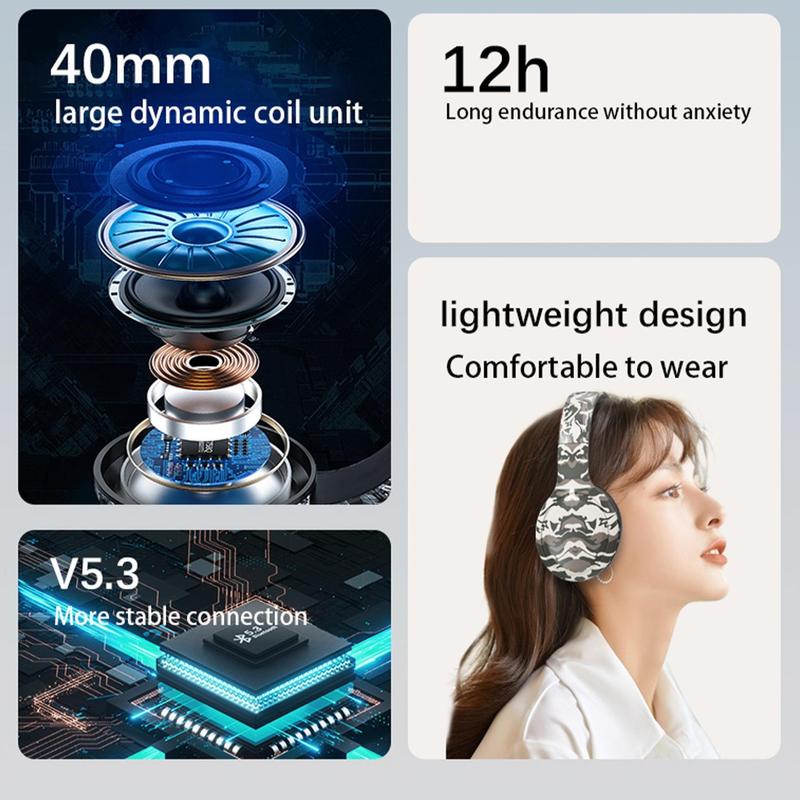 Camouflage Pattern Wireless Headphone, Over-ear Design Bluetooth-compatible Headset, Noise Cancelling Heavy Bass Headphone for Gaming, Sports, Office 7