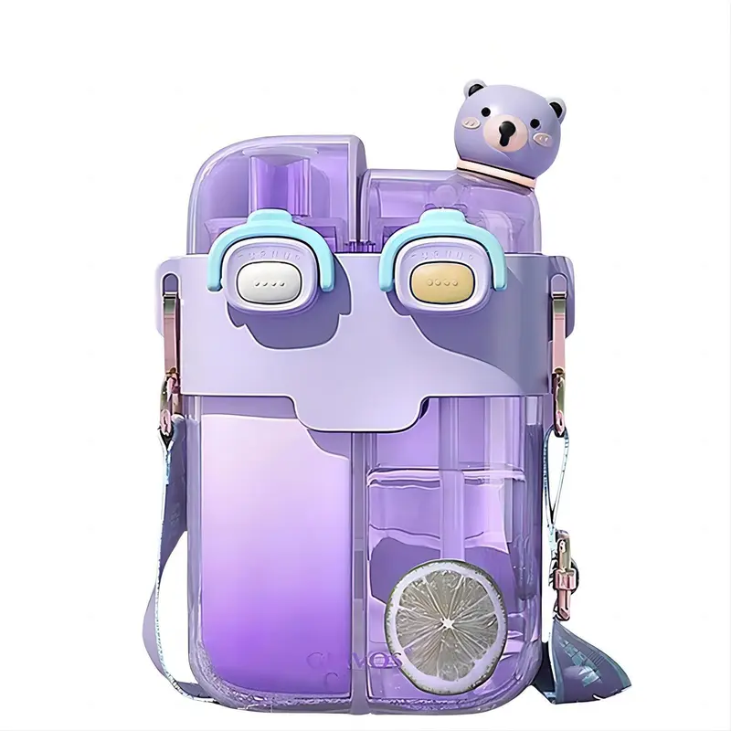 26oz Cute Bear Design Water Bottle, Portable Double Compartment Sports Water Bottle with Adjustable Strap, Leak-proof Water Bottle for Outdoor Sports School 0