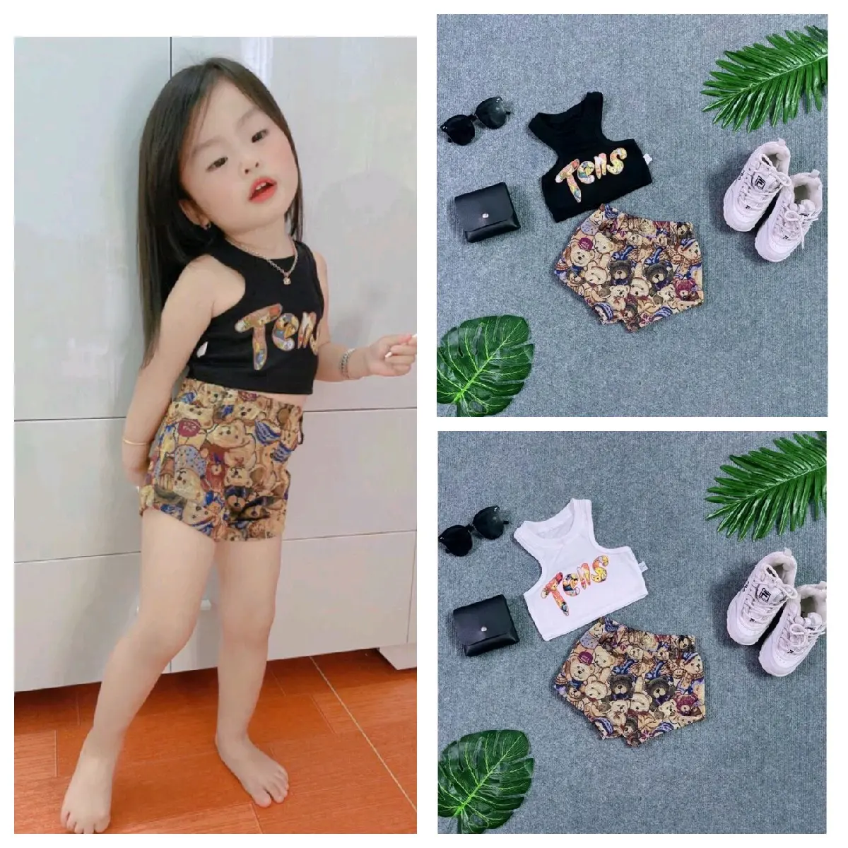 Sét áo thun croptop from ngắn quần kaki gấu cho bé gái
