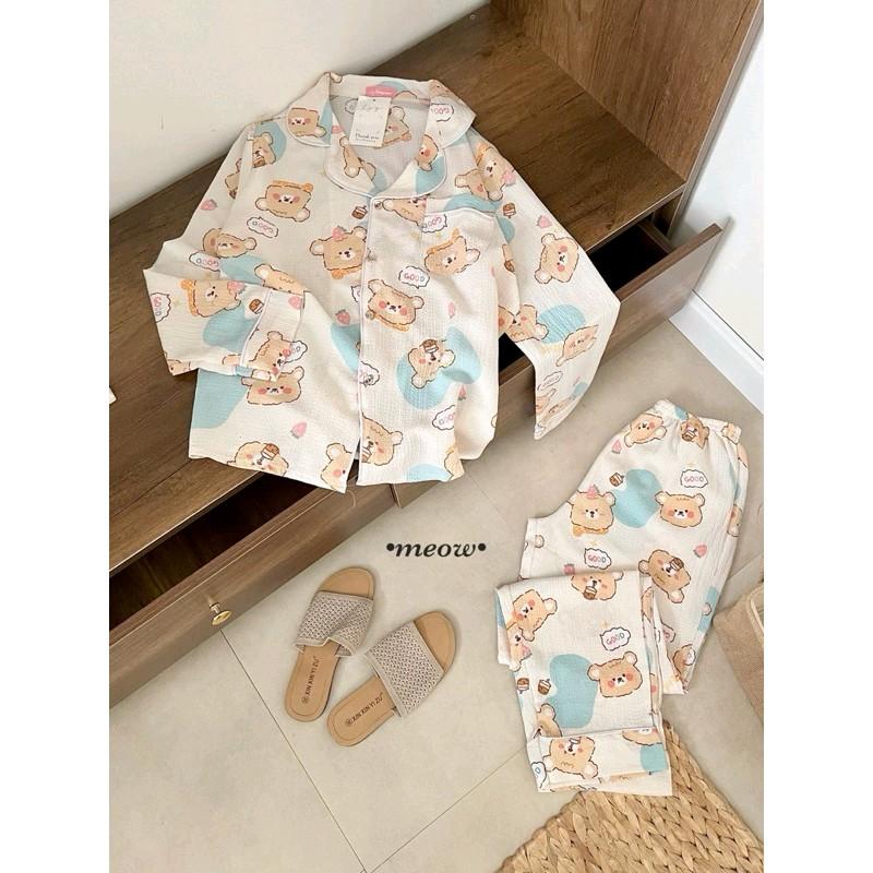 Đồ Mặc Nhà, Bộ Ngủ Nữ, Pijama Tay Dài Chất Liệu Đũi Xốp Hàn Freesize 5