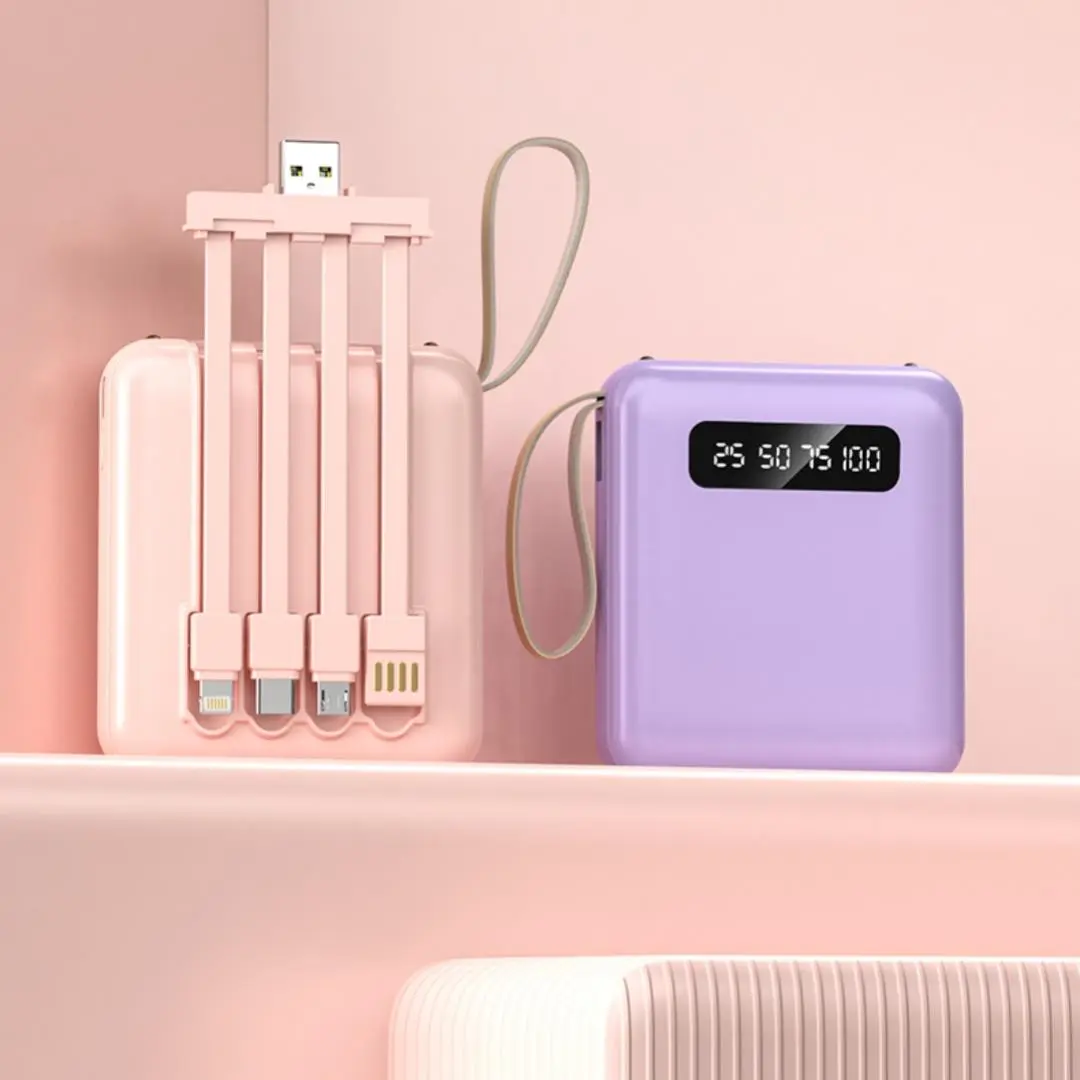 10000mAh USB Power Bank, Portable Power Bank with 4 in 1 Cable, Multi-purpose Power Bank with LED Light for iPhone 16/15/14/13 Samsung Android Huawei