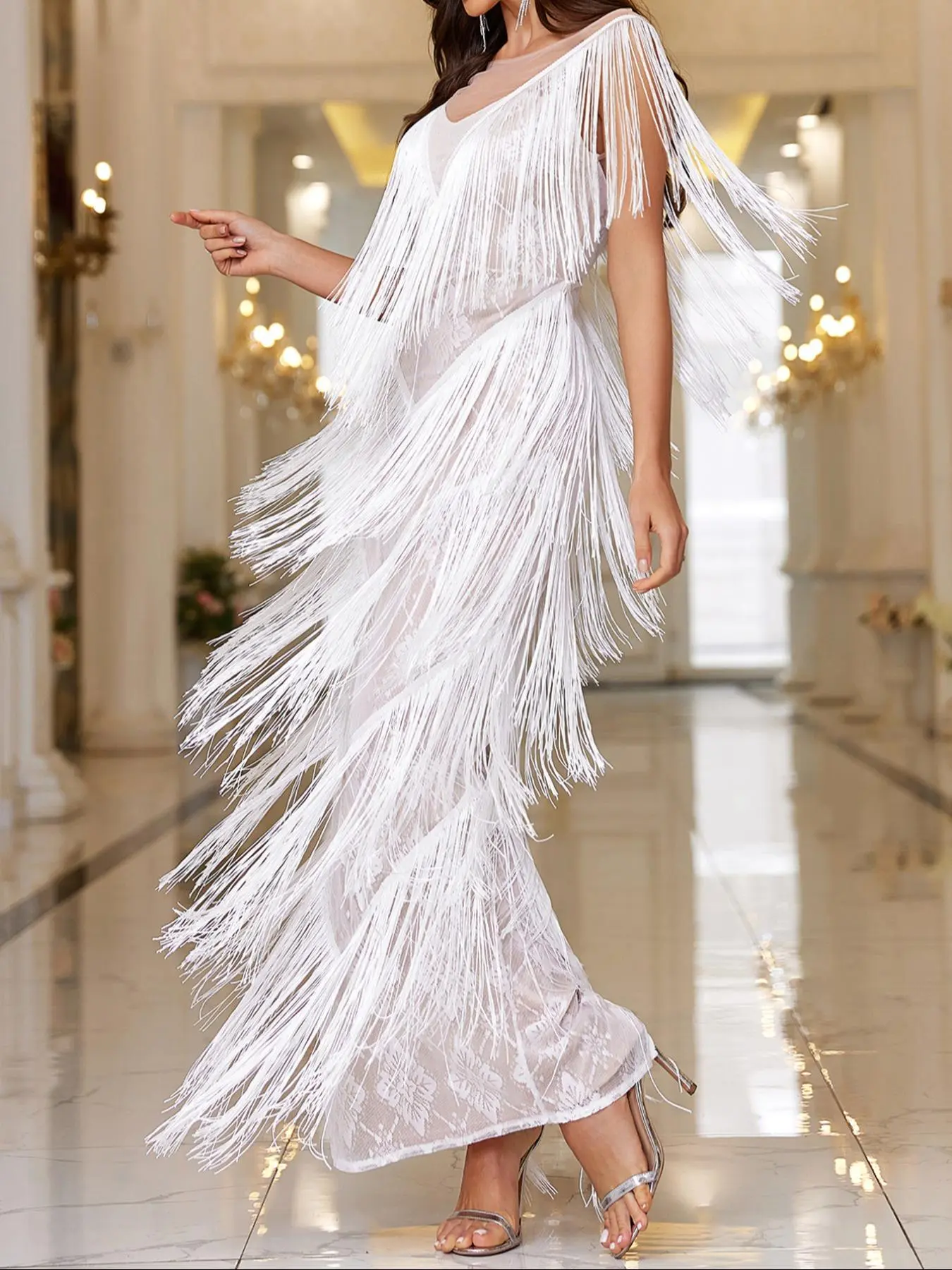 Women's Glitter Fringe Trim Dress, Elegant Tiered Layer Maxi Party Evening Gown, Ladies Clothes for All Seasons