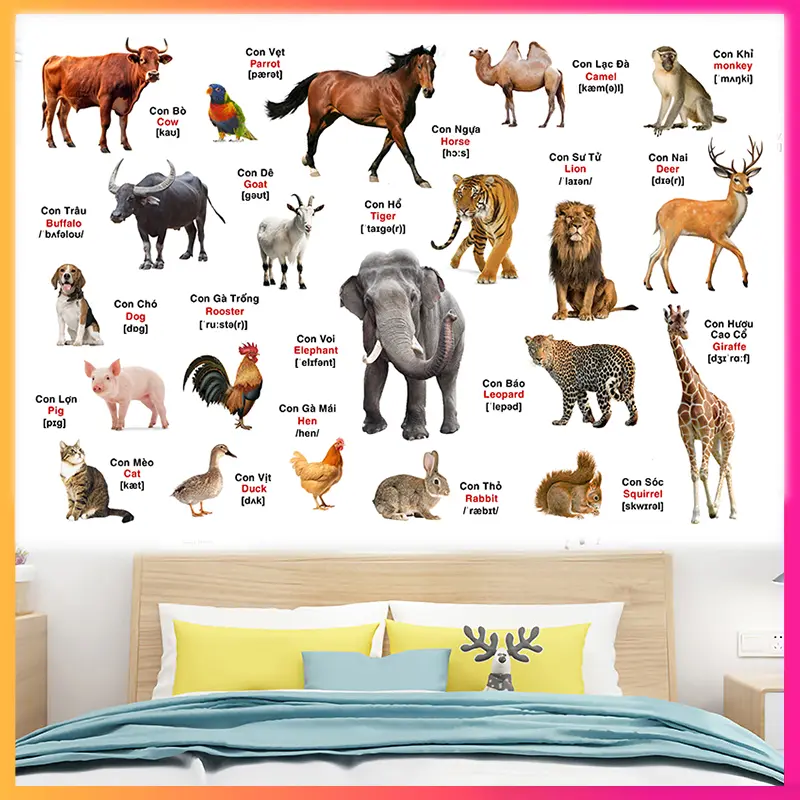 Decal dán tường cho bé về động vật nuôi và động vật rừng có tiếng anh tiếng việt mã mớic cho bé học về chủ đề động vật