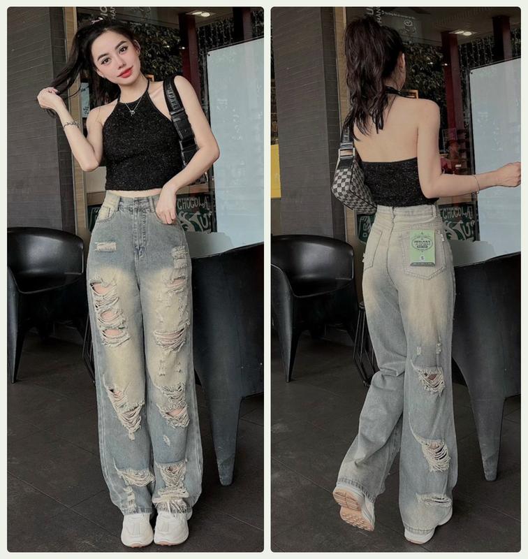 [ORTD5619] QUẦN JEANS NỮ ỐNG RỘNG LƯNG CAO RÁCH TE TUA HAI ĐÙI GỐI MÀU XANH ĐẬM BỤI BẶM CÁ TÍNH