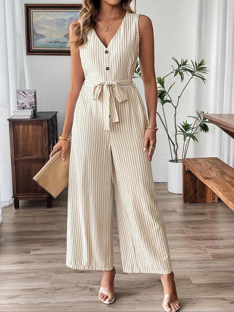Product Introduction of Women's Striped Print Jumpsuit, Casual Elegant Sleeveless Jumpsuit for Summer, Fashion Women's Clothing for Daily Wear 3