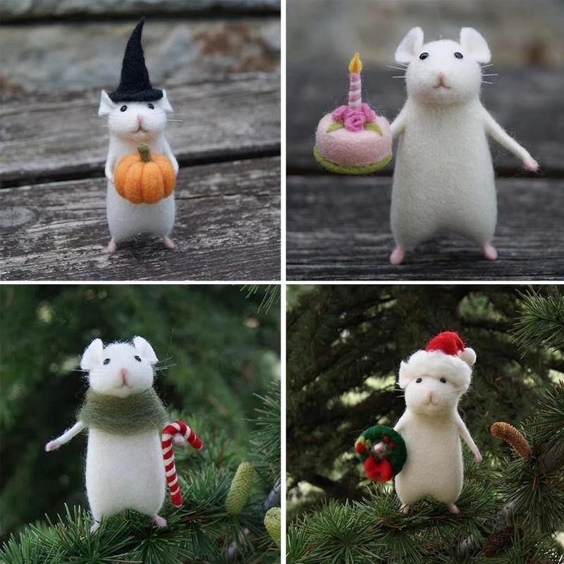 Product Introduction of Handmade Wool Felt Animals Figurine DIY Wool Felt Cute Mouse Christmas Halloween Ornament Mouse with A Pumpkin Xmas Home Decor 3