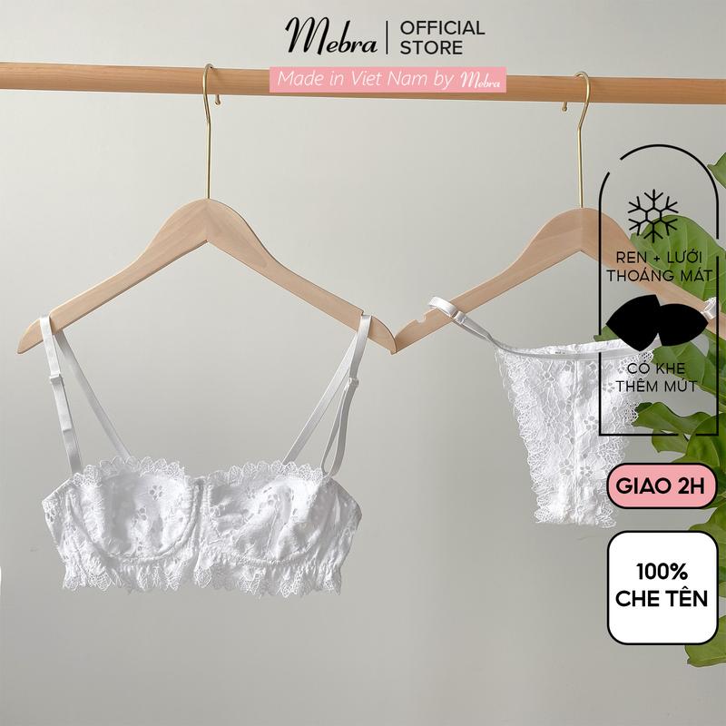 Bộ quần áo lót ren trắng nữ áo có gọng quả ngang quần lót dây lọt khe Mebra