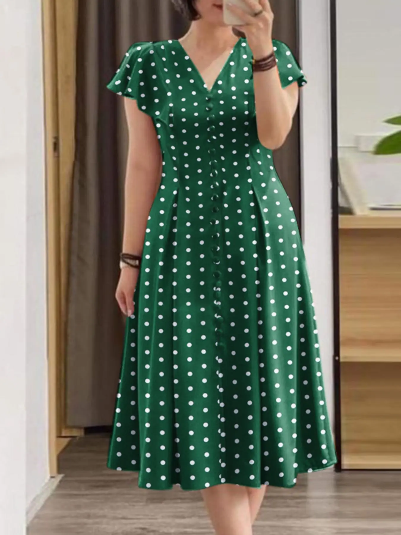 Women's Polka Dot Print V Neck Midi Dress, Elegant Fashion Casual Dress for Daily Outdoor Wear, Women Dress for All Seasons