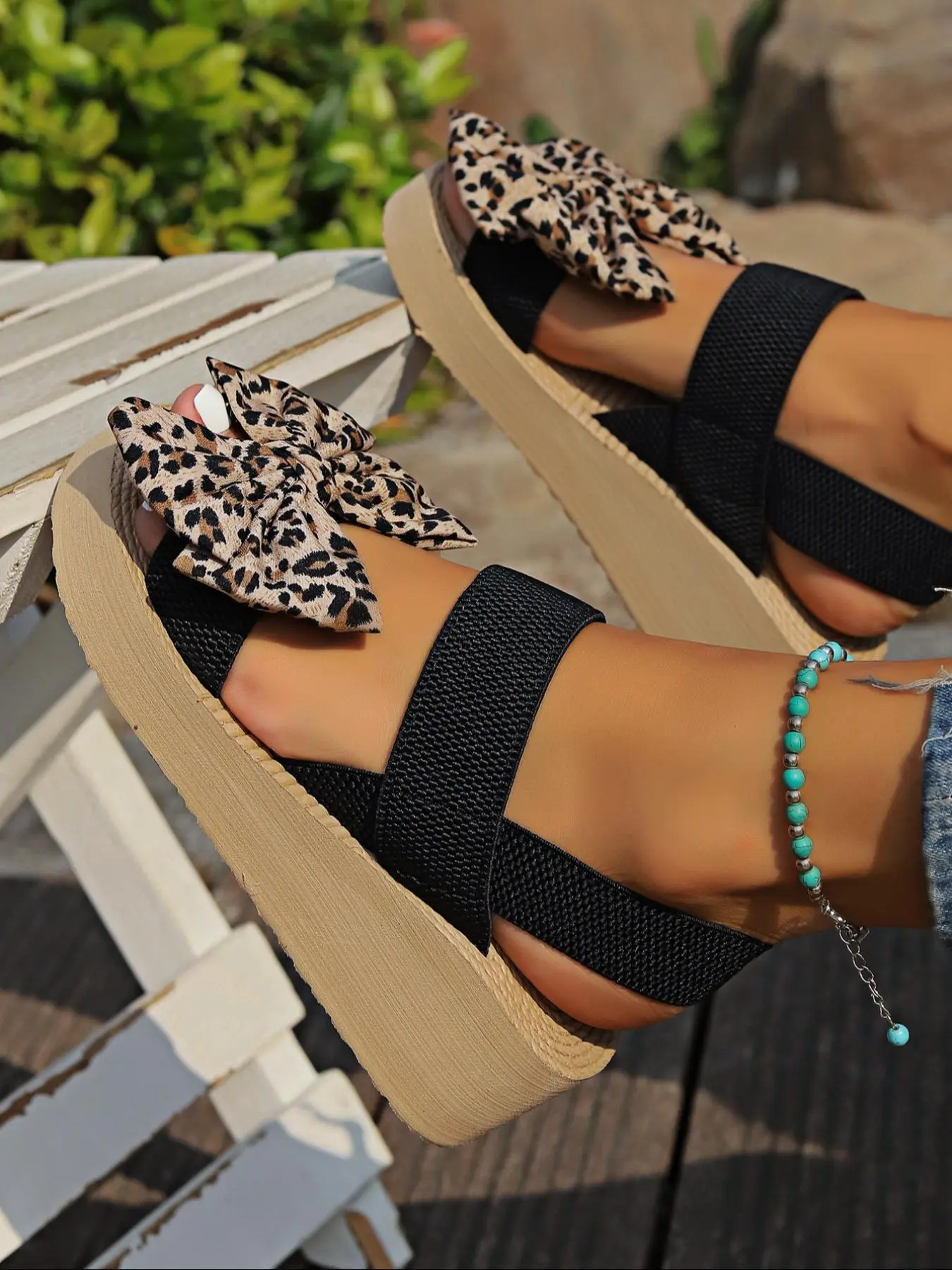 Women's Fashion Leopard Print Bowknot Design Platform Sandals, Casual Comfortable Wedge Sandals for Summer, Female All-match Shoes for Beach Vacation, Footwear