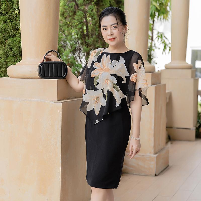 Đầm Trung Niên GUMOM U50 U60 Cao Cấp Cổ Tròn hoạ tiết Hoa Sang Trọng - Đầm quà tặng cho mẹ Nữ Women Dress Voan Voi Cotton