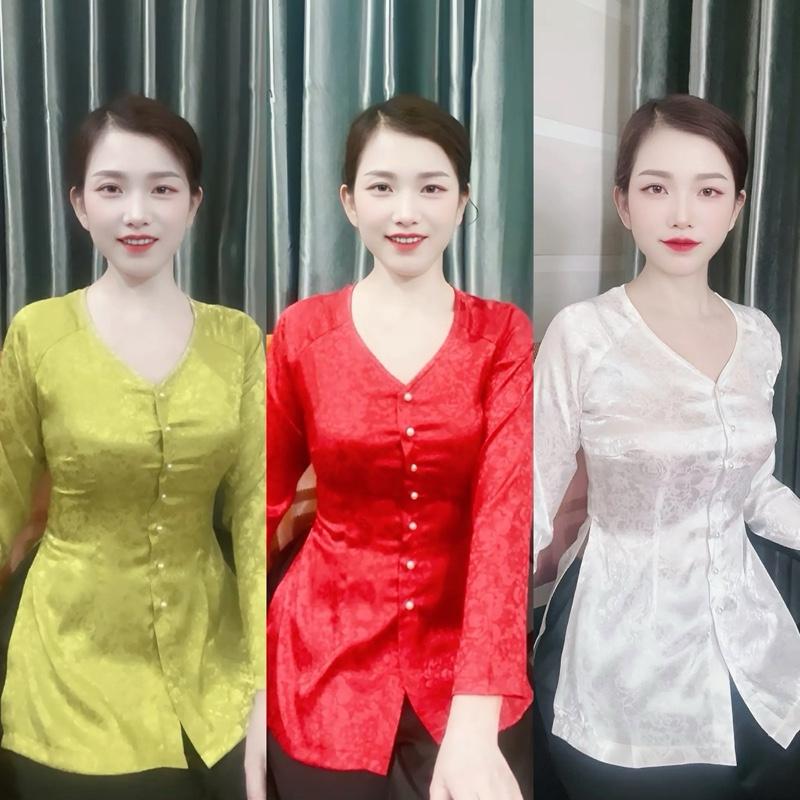BỘ BÀ BA QUẦN LẺ bà ba nữ Cổ Tim áo gấm và quần lụa satin Sét bà ba cổ tim tay dài áo gấm dệt hoa nổi quần lụa Thái màu dành cho nữ hot trend Kem Women Nhung Voi