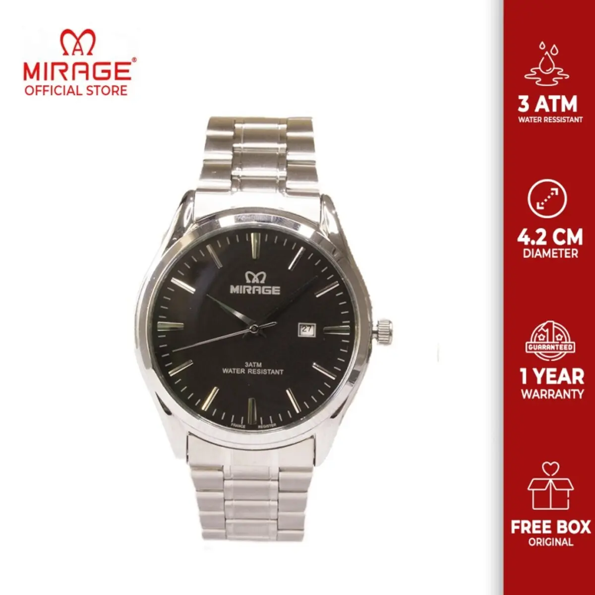Mirage Watch - Jam Tangan Pria Casual Silver 8708 M Analog Stainless Water Resistant Anti Karat watches Kaca