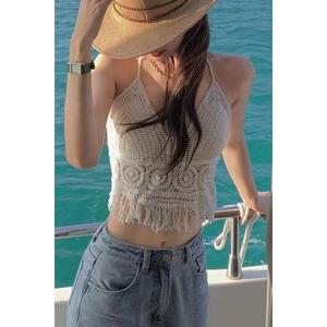 Seaside Stylish Sexy Sling Vest Lace-up Knitted Beach Beauty Back Vacation Backless Tube Top Hollow-out Short Top