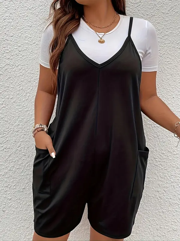 【Plus Size】 Solid Pocket Adjustable Strap Cami Overalls, Casual Sleeveless Overalls for Summer, Women's Plus Clothing for Daily Wear 2