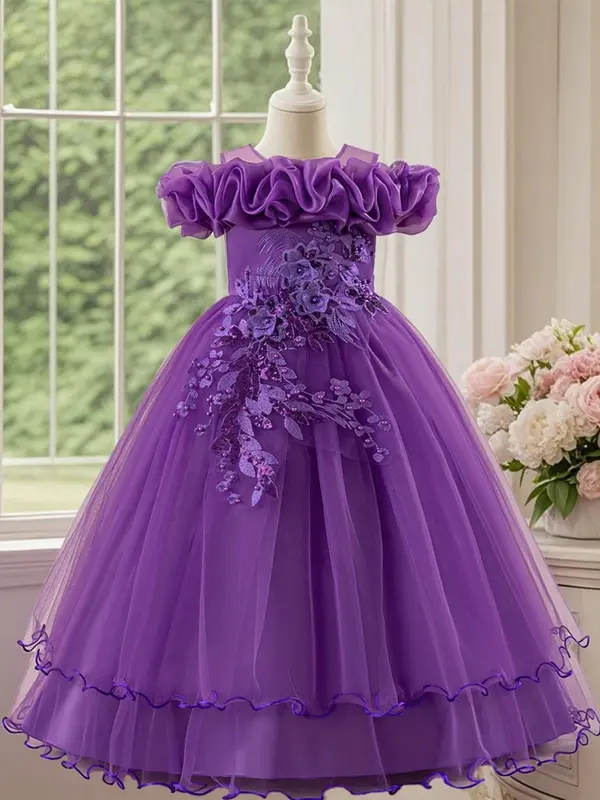 Off Shoulder Sequin Tulle Party Princess Dress, Elegant Floral Embroidery Sweater Dress for Evening Party, Kids Clothes for Summer 5