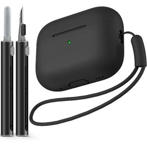 Estuche para auriculares con 1 kit de cepillo de limpieza de doble cabeza (1 juego), estuche protector de silicona suave con cordón, estuche de color sólido para AirPods Pro 2 Gen