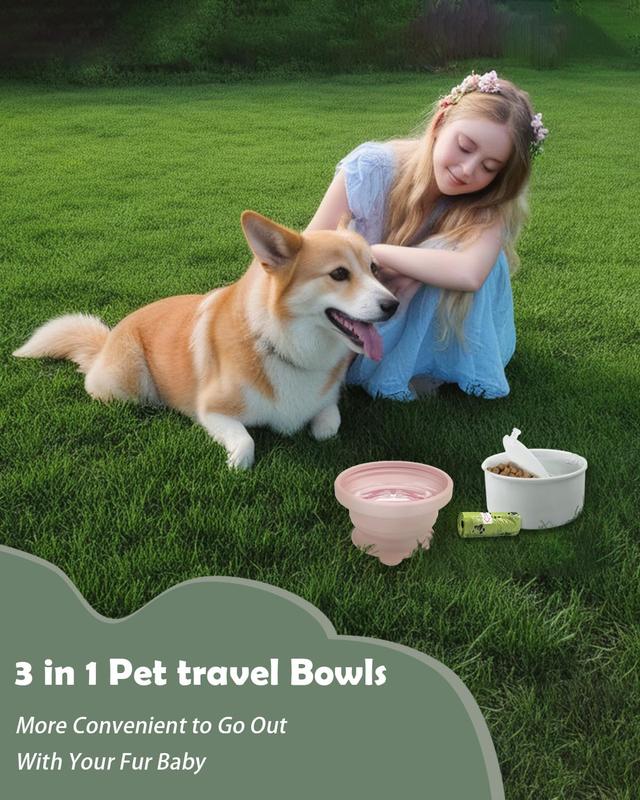 TikTok Shop 3 in 1 Collapsible Dog Bowls Dog Travel Accessories Dog Poop Bags Holder with Rolls No Spill Non Skid Outdoor Dog Water Bowll for Walking Traveling Hiking and Camping with Dogs Pink