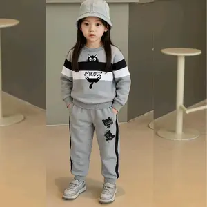 Setelan Anak Perempuan Plat Kucing Meow Sweater Celana Jogger Fleece Premium Usia 3-14 Tahun Fashion OOTD Kekinian Nyaman & Stylish