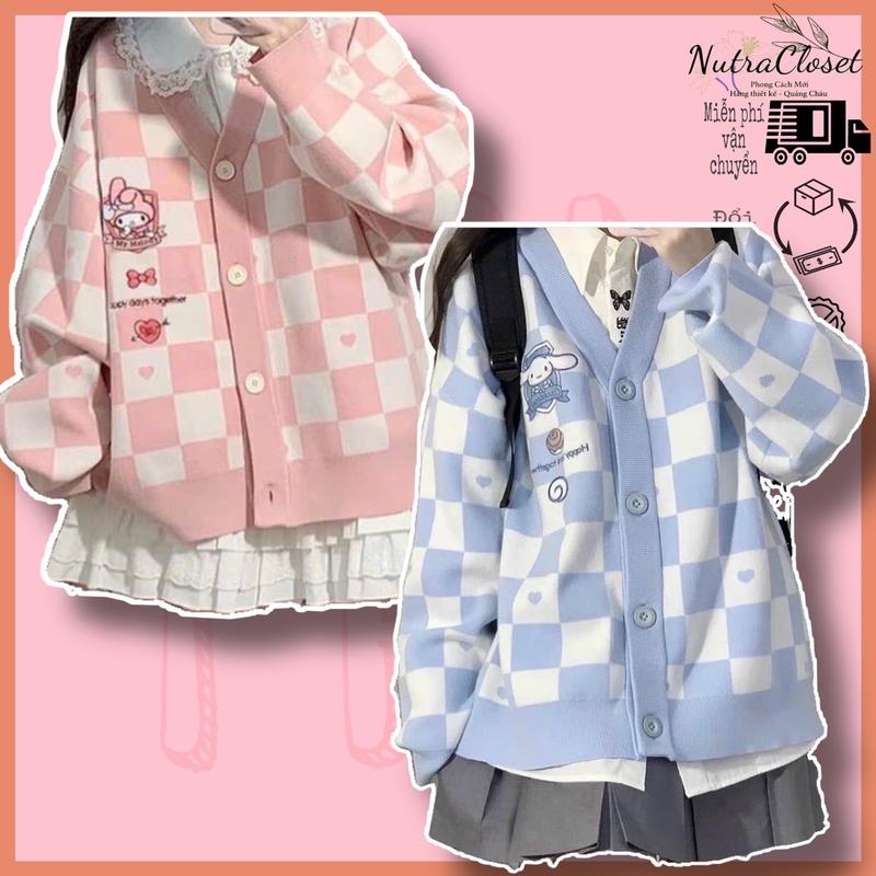 Áo khoác cardigan nỉ in hình caro dễ thương ulzzang nam nữ kuromi