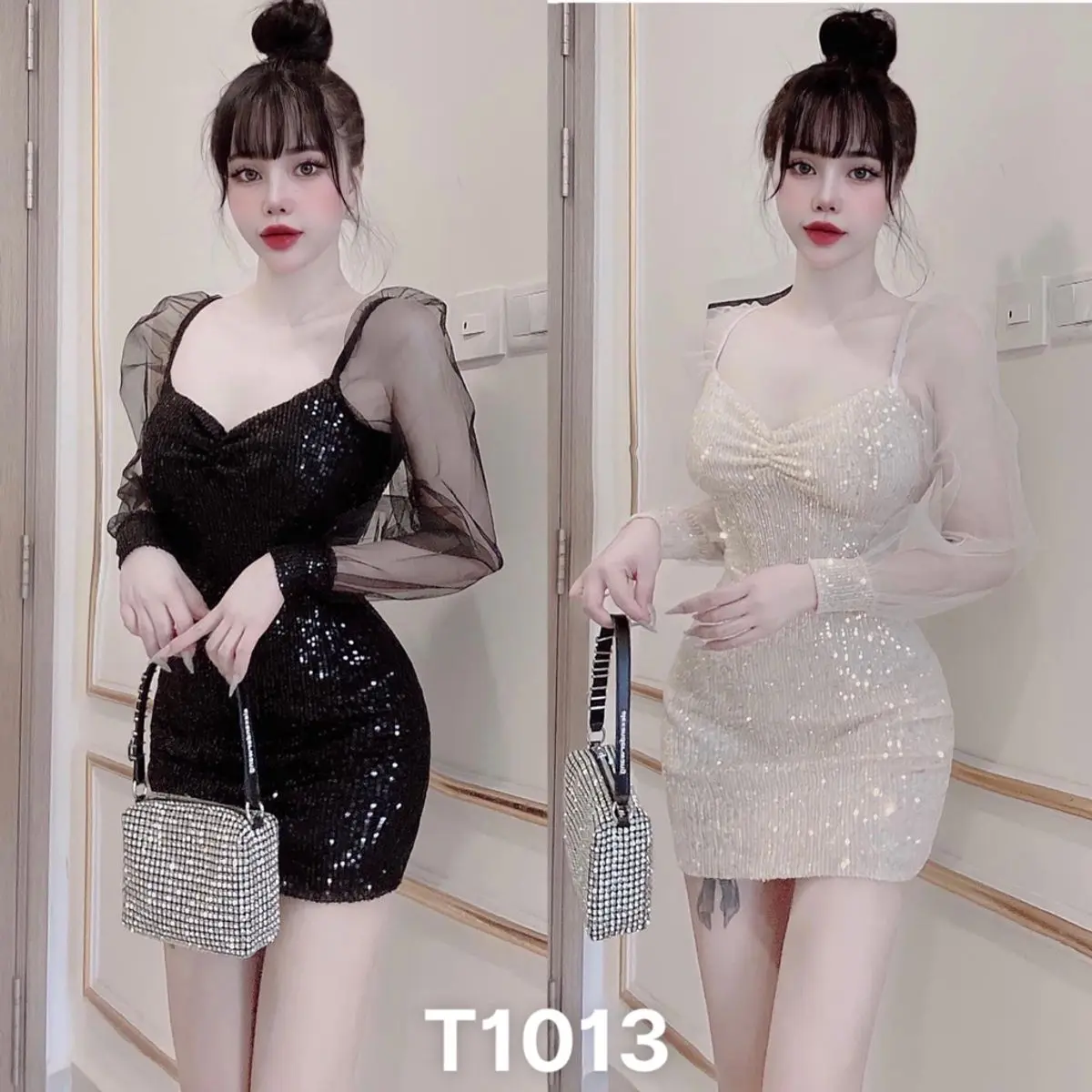 Đầm ôm body dự tiệc dạo phố đẹp giá rẻ  cổ v kim sa phối tay lưới có mút