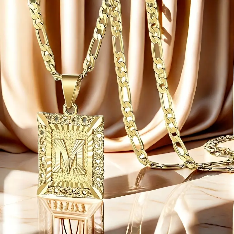 14K Golden Plated Initial Letter Pendant Necklace - A-Z, Unisex Design for Men & Women, Square Alphabet Figaro Chain with Ornate Detailing, Perfect for Casual Attire or Gifting, Jewelry | Polished Finish | Golden Alphabet, Necklace 0